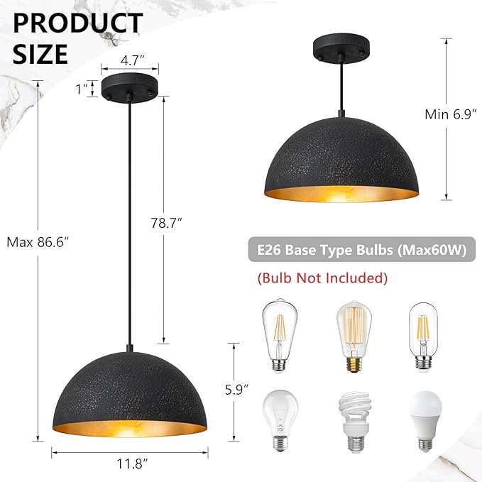 Farmhouse Pendant Light,11.8" Black with Gold Grain Industrial Dome Chandelier,Adjustable Vintage Pendant Lights Kitchen Island for Dining Room,Bedroom,Hallway