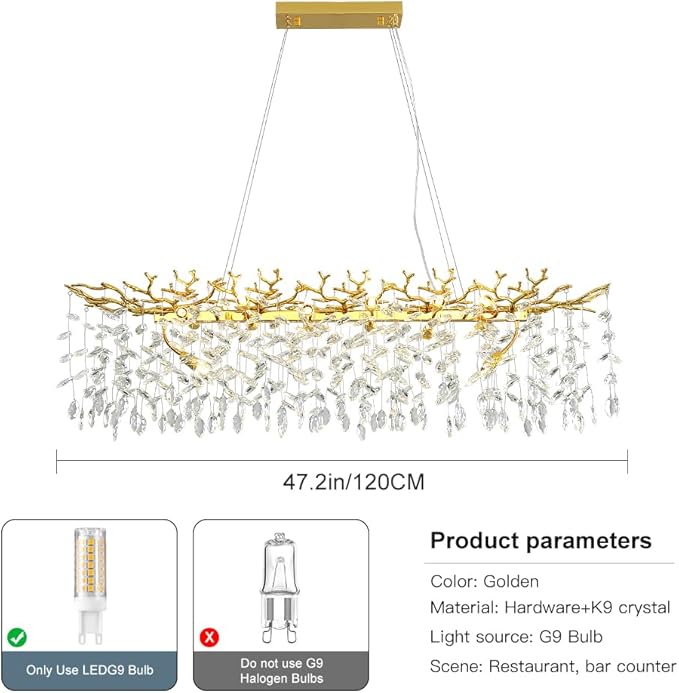Modern Crystal Tree Branches Chandelier, 47.5in Gold 14 Lights Large Ceiling Hanging Light for Dining Room, Rectangle Raindrop Pendant Light Fixture