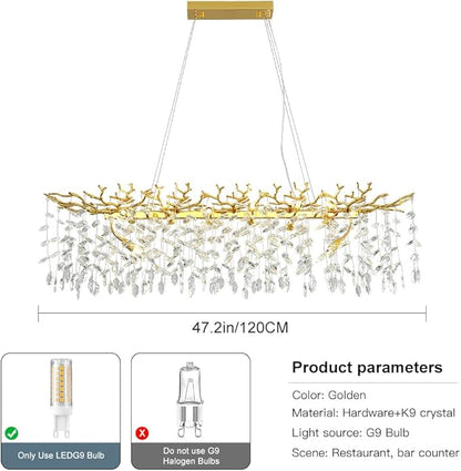 Modern Crystal Tree Branches Chandelier, 47.5in Gold 14 Lights Large Ceiling Hanging Light for Dining Room, Rectangle Raindrop Pendant Light Fixture