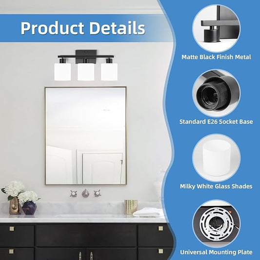 SILAMPDI Black Bathroom Light Fixture Over Mirror, Rustproof 3-Light Vanity Lights Fixtures, Modern Wall Sconces Lighting for Bedroom, Hallway, Milky White Glass Shades, E26 Base, Bulbs Not Included