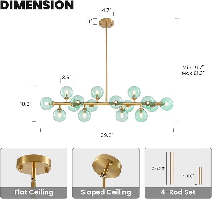 Mid Century Modern Gold Chandelier with Green Glass Rectangle Pendant Fixtures Linear Sputnik Chandeliers for Kitchen Island Dining Room Over Table