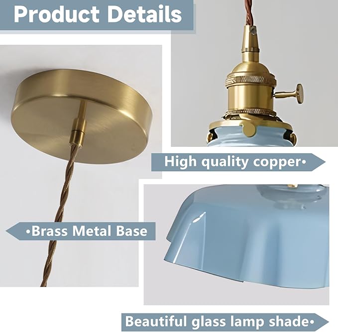 Gold Pendant Light with Vintage Glass Pendant Lampshade,Adjustable Height,E26 Base,Kitchen Dining Room Restaurant,Color Blue
