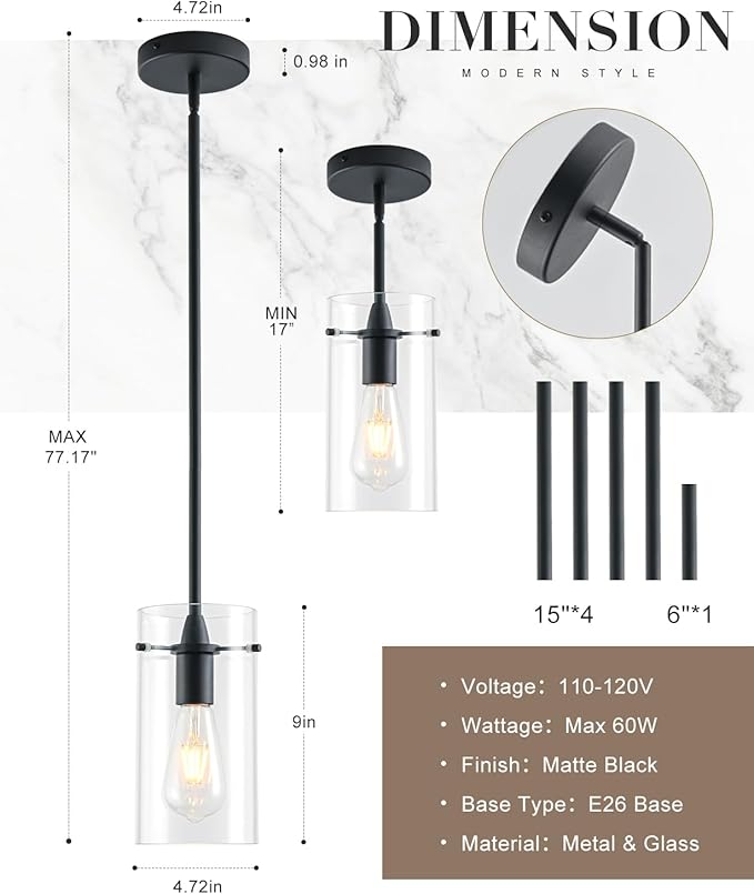 Modern Pendant Lights Kitchen Island, Adjustable Hanging Glass Pendant Light Fixtures, Matte Black Pendant Lights Kitchen Island, Kitchen Pendant Lighting Over Island