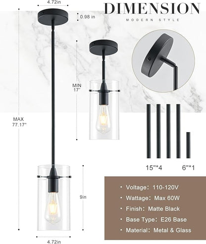Modern Pendant Lights Kitchen Island, Adjustable Hanging Glass Pendant Light Fixtures, Matte Black Pendant Lights Kitchen Island, Kitchen Pendant Lighting Over Island