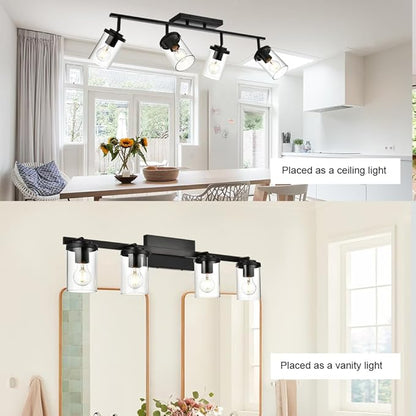 BONLICHT Ceiling Spotlights Track Lighting Kit 4 Light Bathroom Vanity Lighting Black Modern Multi-Directional Ceiling Mount Fixture Industrial Farmhouse Sconces Wall Mount Lamp with Clear Glass Shade
