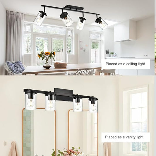 BONLICHT Ceiling Spotlights Track Lighting Kit 4 Light Bathroom Vanity Lighting Black Modern Multi-Directional Ceiling Mount Fixture Industrial Farmhouse Sconces Wall Mount Lamp with Clear Glass Shade