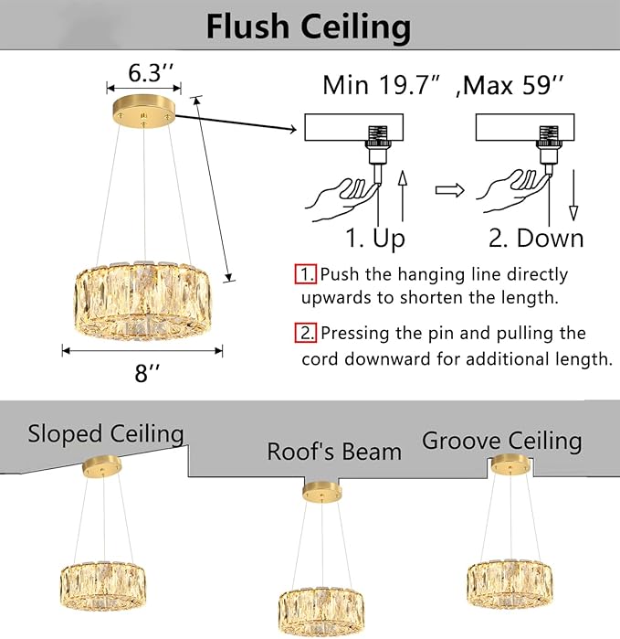 HAIXIANG Modern Crystal Chandelier Dimmable LED 8 Inch Ring Pendant Lights Adjustable Glam Chandeliers Lighting Fixtures for Dining Room Living Room Bedroom Gold Light