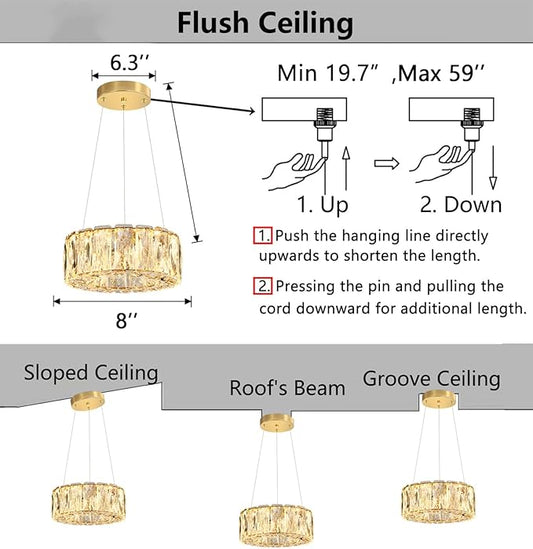 HAIXIANG Modern Crystal Chandelier Dimmable LED 8 Inch Ring Pendant Lights Adjustable Glam Chandeliers Lighting Fixtures for Dining Room Living Room Bedroom Gold Light