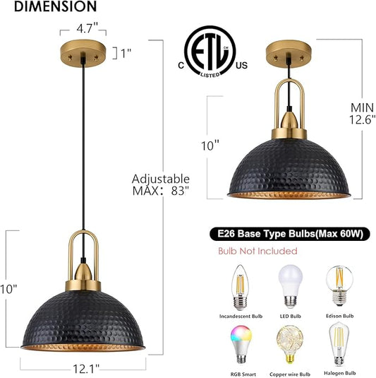 Black Pendant Lights Kitchen Island Industrial Adjustable Height Vintage Farmhouse Dome Hanging Light Fixtures for Barn, Dining Room 1 Pack