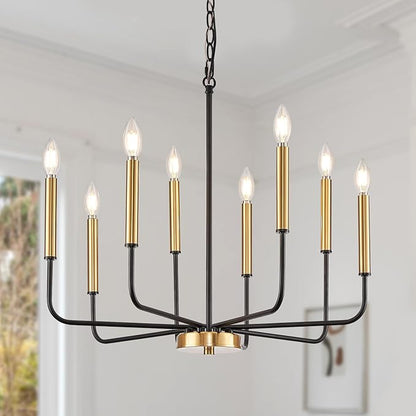 Modern Black and Gold Chandelier for Dining Room, 8-Light Metal Farmhouse Dining Room Light Fixtures Hanging Candle Chandelier Lighting for Kitchen, Living Room, Foyer, Entryway, Bedroom