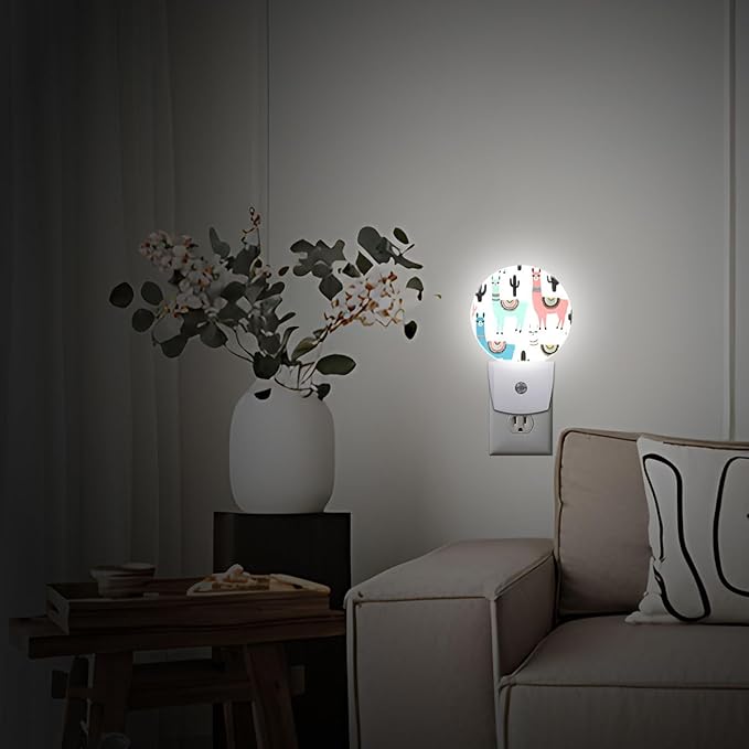 Pink Green White Llama Alpaca Plug in Night Light Auto Light Round Lamps Energy Saving Gift for Women Men Friends