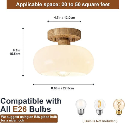WOKNOS Mid-Century Modern Semi Flush Mount Ceiling Light, Faux Wood Kitchen Ceiling Light Fixture with Glass Shade, Vintage White Close to Ceiling Lamp for Entryway Hallway Bathroom (8.66 Inch)