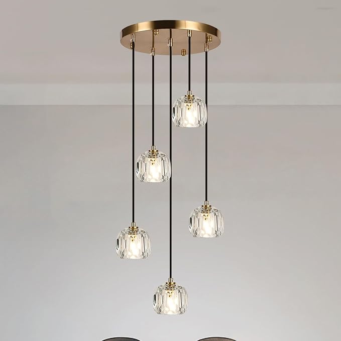 Modern Dining Room Chandelier, Round Crystal Ceiling Pendant Lighting, Brass Raindrop Hanging Lights for Kitchen Island Living Room Farmhouse