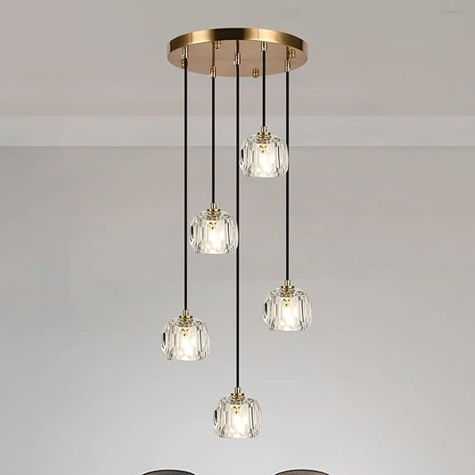 Modern Dining Room Chandelier, Round Crystal Ceiling Pendant Lighting, Brass Raindrop Hanging Lights for Kitchen Island Living Room Farmhouse