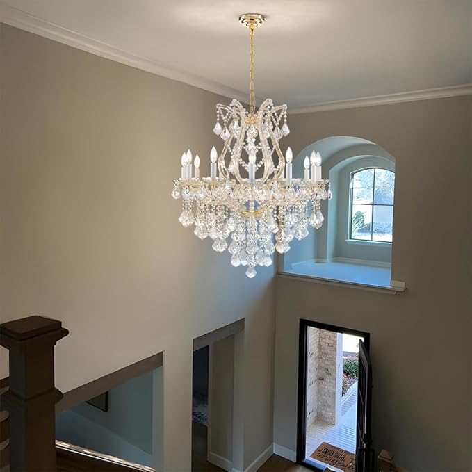 Large Gold Modern Crystal Chandelier Light Fixtures - 12 Maria Theresa Crystal Lights Pendant Light Foyer Chandelier Fixtures for Staircase Hallway Living Room Entryway