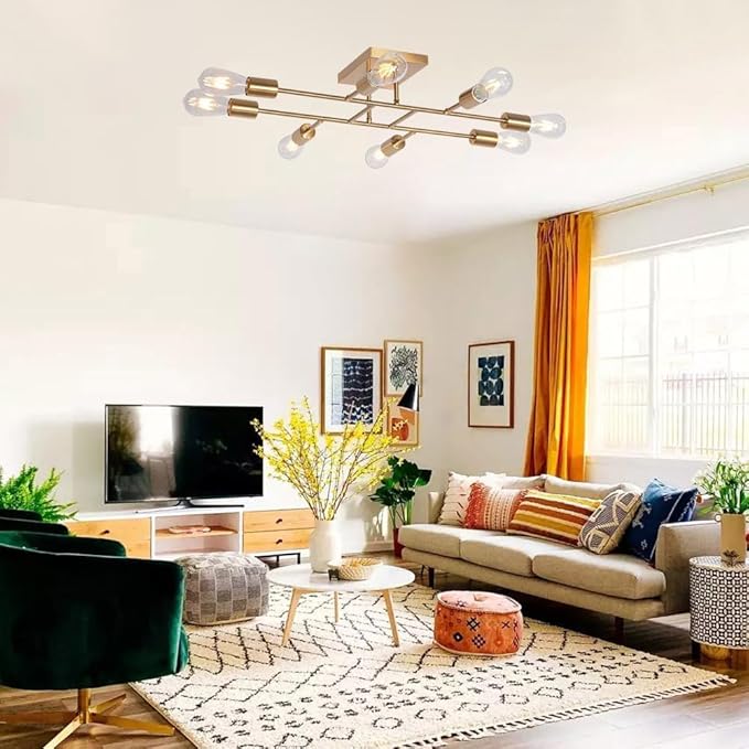 8 Light Modern Kitchen Ceiling Lighting Fixture, Mid Century Brushed Brass Semi Flush Mount Low Ceiling Living Room Light fixtures for Dining Room Bedroom Foyer Basement