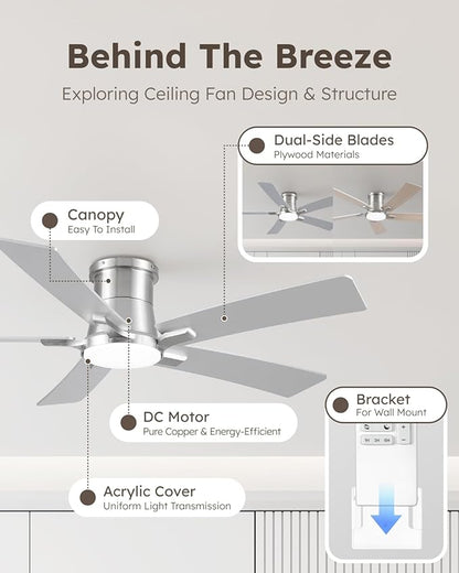 52 Inch Ceiling Fans with Lights and Remote, Nickel Low Profile Ceiling Fan, Flush Mount Style with 5 Blades, For Indoor Bedroom Living Room/Outdoor, 6 Speed Reversible DC Motor, 3CCT Dimmable LED