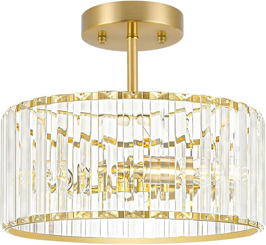 Lxybcce Modern Crystal Ceiling Light, Brushed Gold Semi Flush Mount Ceiling Lighting Fixture, Brass Hallway Light Fixtures Chandelier for Kitchen, Bedroom Dining Room Hallway Closet, 3-Light, 12 Inch