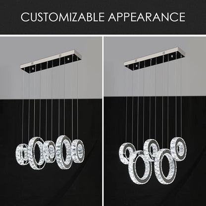 Buccleuch 5-Ring Crystal Chandelier, Height Adjustable UL-Certified Dimmable LED Pendant Light, Stainless Steel K9 Crystal Ceiling Light for Dining Room Living Room Bedroom, 6000K 4400lm