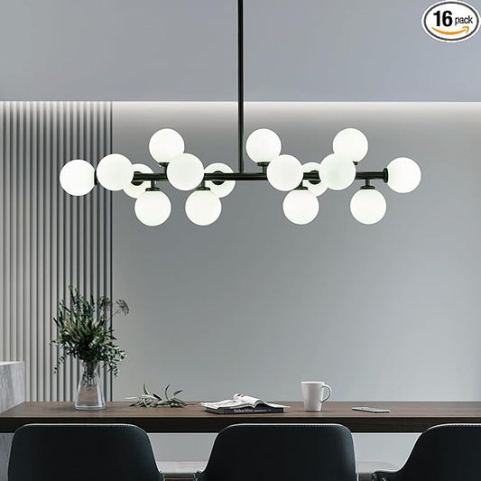 Modern Linear Chandeliers Black 16 Lights Pendant Light Fixtures Bubble Glass Chandelier Mid Century Sputnik Chandelier for Kitchen Island Dining Room
