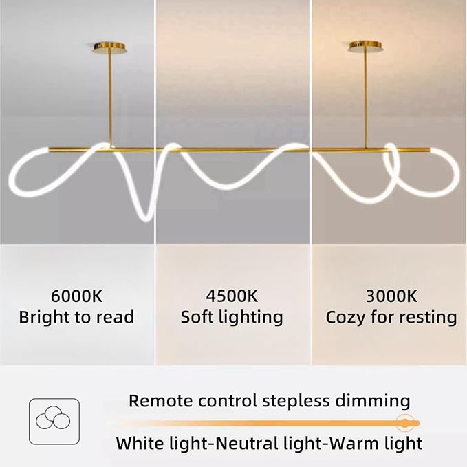 Modern Dimmable Desk Linear Pendant Light, with Remote 3 Color Mode & Brightness Ring Chandelier, 47 in Dining Room Ceiling Lamp Fixture, Gold Restaurant Kitchen Long Hose Lamp