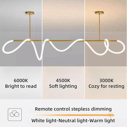 Modern Dimmable Desk Linear Pendant Light, with Remote 3 Color Mode & Brightness Ring Chandelier, 47 in Dining Room Ceiling Lamp Fixture, Gold Restaurant Kitchen Long Hose Lamp