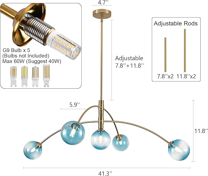 Gold Modern Chandelier 5 Light Blue Glass Sputnik Chandelier Mid Century Globe Hanging Light for Dining Room Kitchen Island Bedroom Living Room 41.3IN Diameter