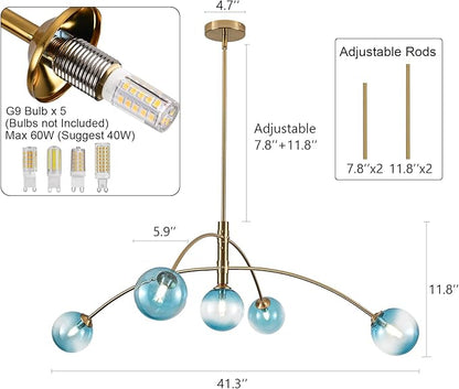 Gold Modern Chandelier 5 Light Blue Glass Sputnik Chandelier Mid Century Globe Hanging Light for Dining Room Kitchen Island Bedroom Living Room 41.3IN Diameter
