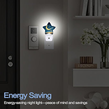 Moon Stars Sparkling Dusk to Dawn Star Night Light,Galaxy Solar System Smart Sensor Nightlight for Bedroom Kitchen Hallway Stairs,Plug-in Energy Efficient Decor Desk Lamp Women Men Gifts