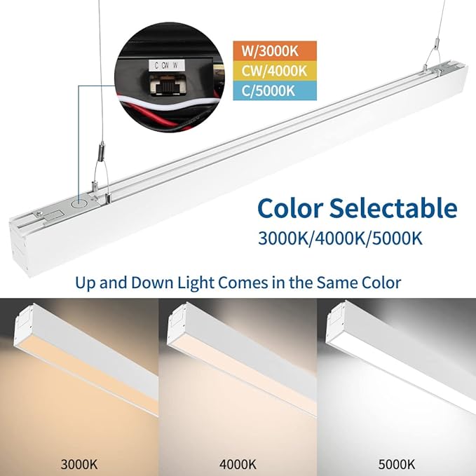 DAKASON 4FT Linkable LED Linear Light, 35W Down 15W Up Light, 3/4/5000K CCT Selectable, Commercial Linear Lighting Fixture for Office, Dimmable Suspended Lighting for School, Market, 4Pack White