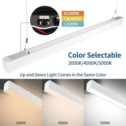 DAKASON 4FT Linkable LED Linear Light, 35W Down 15W Up Light, 3/4/5000K CCT Selectable, Commercial Linear Lighting Fixture for Office, Dimmable Suspended Lighting for School, Market, 4Pack White
