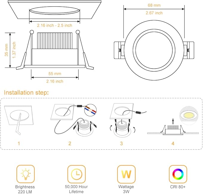 2 Inch LED Downlight, 3W Recessed Lighting Dimmable Ceiling Light Kit, 4000K Natural White, CRI80 Black LED Can Lights with Driver(35W Halogen Equivalent), 6 Pack