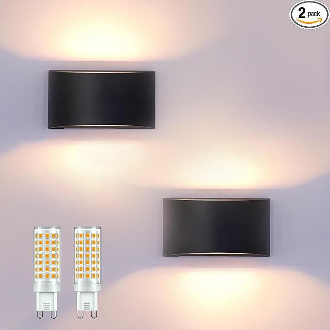 KICAAO Modern LED Wall Sconce,Warm White 3000K,Hardwired Indoor Black Wall Lights Set of 2 Up and Down Wall Mount Light for Living Room Bedroom Hallway Corridor Conservatory(with G9 Bulbs)