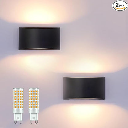 KICAAO Modern LED Wall Sconce,Warm White 3000K,Hardwired Indoor Black Wall Lights Set of 2 Up and Down Wall Mount Light for Living Room Bedroom Hallway Corridor Conservatory(with G9 Bulbs)