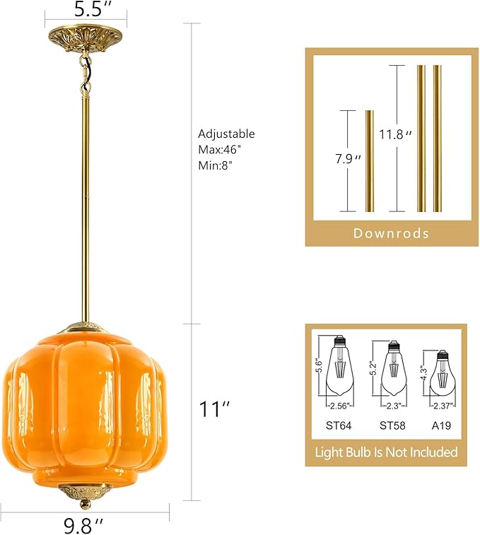 Milk Glass Pendant Light, 10 Inch Yellow Semi Flush Mount Ceiling Light, Vintage Glass Shade Chandelier With Dimmable E26 Base, Adjustable Hanging Rod, Pendant Light for Bedroom, Hallway, Dining Room