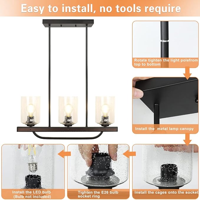 Depuley 3- Light Rustic Pendant Light Fixture, Flush Mount Ceiling Hanging Light with Glass Shade, Adjustable Farmhouse Black Chandelier Lighting for Kitchen Island Dining Room Restaurant, E26 Base