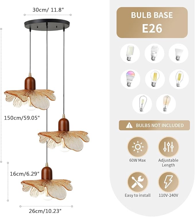 Glass Chandelier 3-Light Kitchen Island Pendant Light Shade Vintage Walnut Wood Chandeliers Amber Glass Hanging Pendant Lamp for Dining Room, Living Room, Bedroom