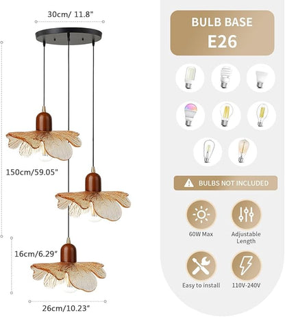 Glass Chandelier 3-Light Kitchen Island Pendant Light Shade Vintage Walnut Wood Chandeliers Amber Glass Hanging Pendant Lamp for Dining Room, Living Room, Bedroom