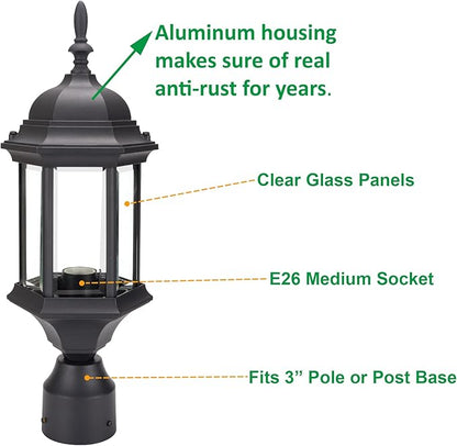 LIT-PaTH Outdoor Post Lighting Fixture Pole Lantern, E26 Medium Base Max 60W, Aluminum Housing Plus Glass, 1-Pack, Black Finish