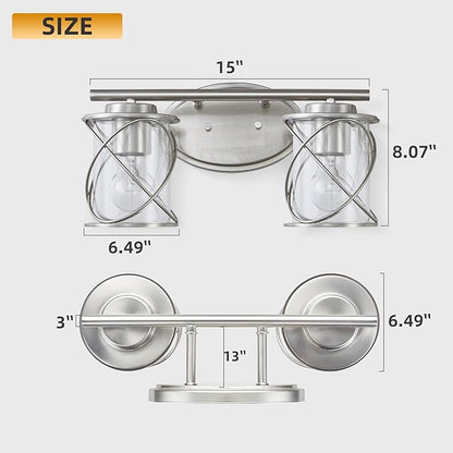 mavcadonf 2-Lights Vanity Lights, Bathroom Light Fixtures Over Mirror, Brushed Nickel Vanity Light, Farmhouse Wall Lights with Clear Glass Shade, Bathroom Wall Lamp for Mirror Kitchen Bedroom