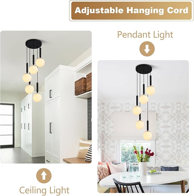 KCO Lighting 5 Light Cluster Pendant Lighting White Globe Chandelier Light Fixture Large Milk Glass Chandelier Matte Black Stairway Hanging Lighting Multi Pendant Hanging Light Fixture