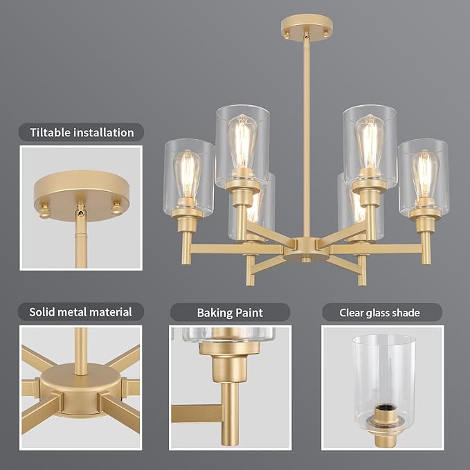 6 Light Gold Chandelier, Farmhouse Chandeliers for Dining Room Light Fixtures Over Table, Hanging Lighting Fixture with Clear Glass Shade for Kitchen Island Living Room Bedroom
