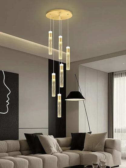6-Light Gold Long Crystal Column Chandelier for High Ceiling Modern LED Crystal Raindrop Chandeliers for Living Room Foyer Chandelier Lighting, Dimmable 3000k-6000K