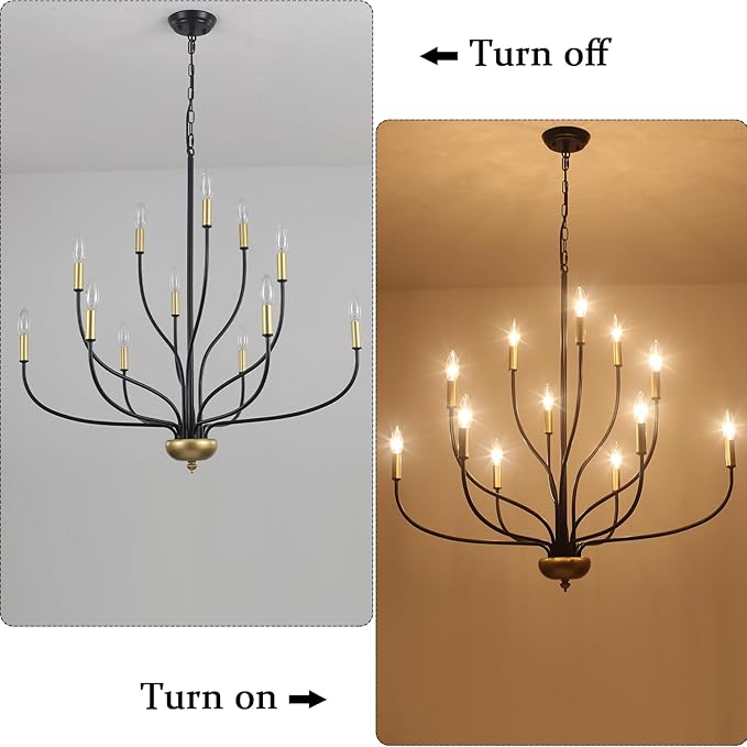 12-Lights Farmhouse Chandelier for Dining Room, 34 Inch Black and Gold Chandeliers for High Ceilings Foyer Modern Large Pendant Light Fixtures for Living Room Entryway Hallway Kitchen Island E12