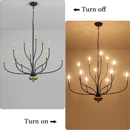 12-Lights Farmhouse Chandelier for Dining Room, 34 Inch Black and Gold Chandeliers for High Ceilings Foyer Modern Large Pendant Light Fixtures for Living Room Entryway Hallway Kitchen Island E12