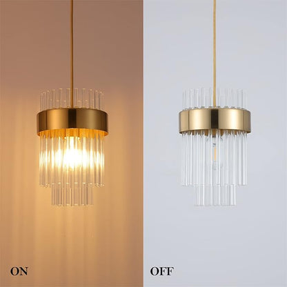 Dijiahua Pendant Lights Kitchen Island Gold 3 Pack,Crystal Pendant Light Fixtures Over Table, Mini Brass Dining Room 1-Light Chandelier,Modern Adjustable Cord Hanging Lamp for Bedroom,Sink
