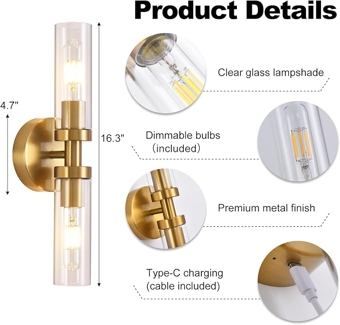 Battery Operated Wall Sconces Set of 2, 330° Rotation 3000K-6000K Dimmable Wireless Wall Sconce with Clear Glass Gold 10400mAh USB Rechargeable Wall Lights with Remote Bulbs Included 2 Pack