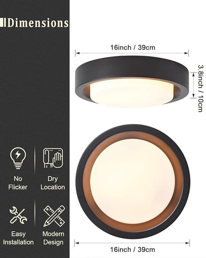 16 Inch Flush Mount Ceiling Light,3-Lights Black Finish with Frosted Glass Shade,Round Ceiling Light Fixture for Bedroom Livingroom Kitchen