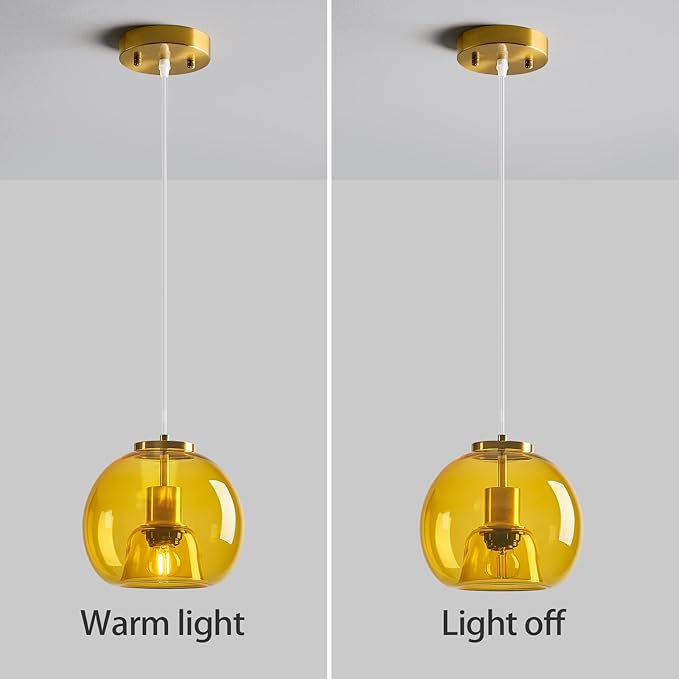 Yellow Glass Pendant Lights Kitchen Island Gold Hanging Light Fixture Glass Globe Pendant Light Modern Pendant Lighting for Kitchen Island Bedroom Dining Room (7.87", 3 Pack)