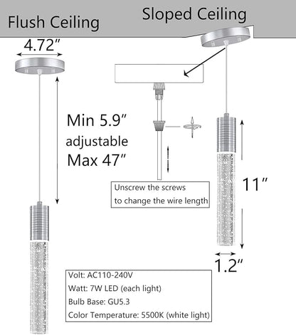 HAIXIANG 4 Pcaks Pendant Lights for Kitchen Island, White Light, Silver Chrome Crystal Linear Pendant Lighting, Bar Corner LED Light Fixture